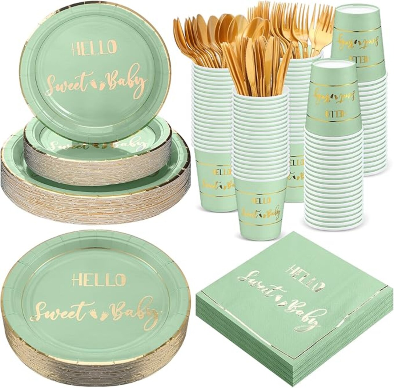 400pc Sage Green "Hello Sweet Baby" Tableware Set (Serves 50) - Footprint Design Gender Neutral Baby Shower Plates, Cups, Napkins & Full Cutlery - Premium Disposable Greenery Party Supplies